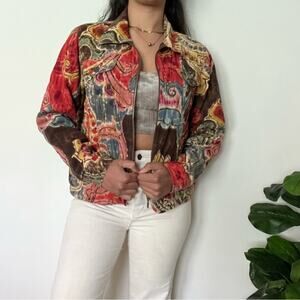 Coldwater Creek Artsy Floral Jacket Medium Embroidered Collared Zip Funky Unique